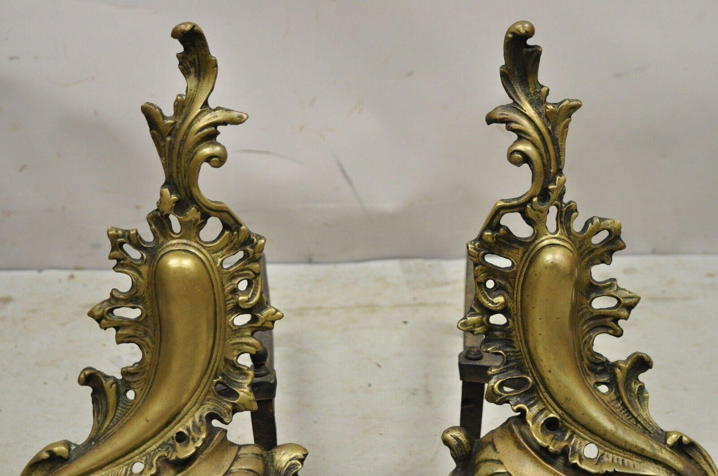 Antique French Rococo Baroque Style Brass Leafy Acanthus Andirons - a Pair