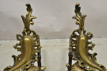 Antique French Rococo Baroque Style Brass Leafy Acanthus Andirons - a Pair