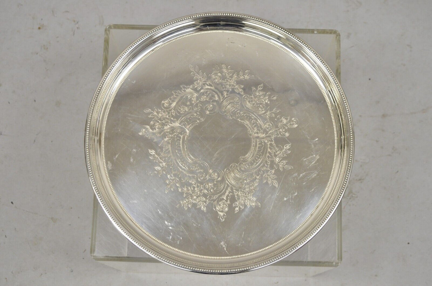 Vintage Victorian Style 17.5" Round Floral Etched Serving Platter Tray