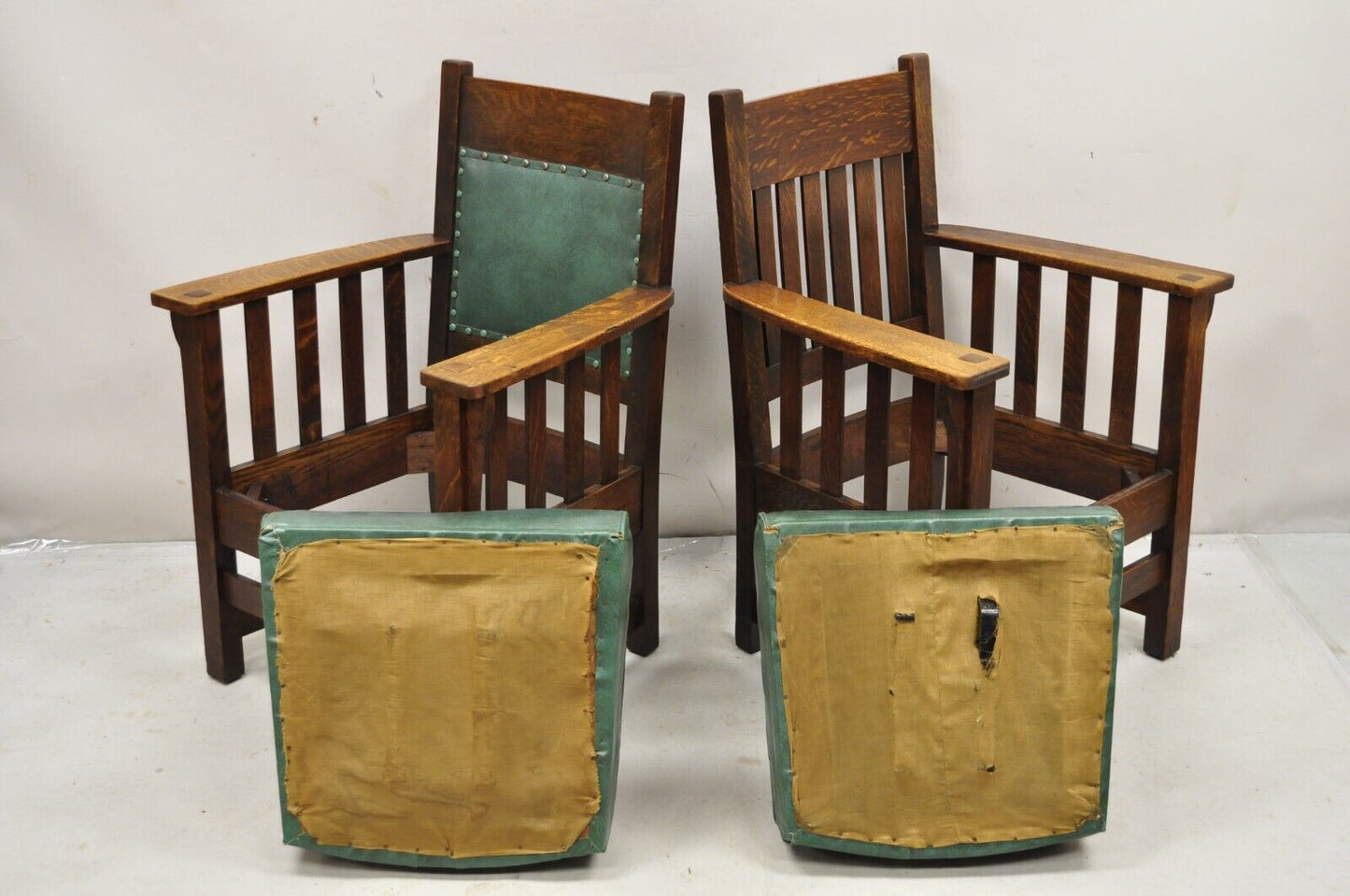 Mission Oak Arts & Crafts Stickley JM Young Style Lounge Arm Chairs Green - Pair