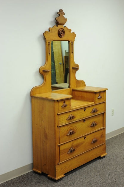 Antique Victorian Eastlake Carved Cottage Step Down Dresser Chest w/ Mirror