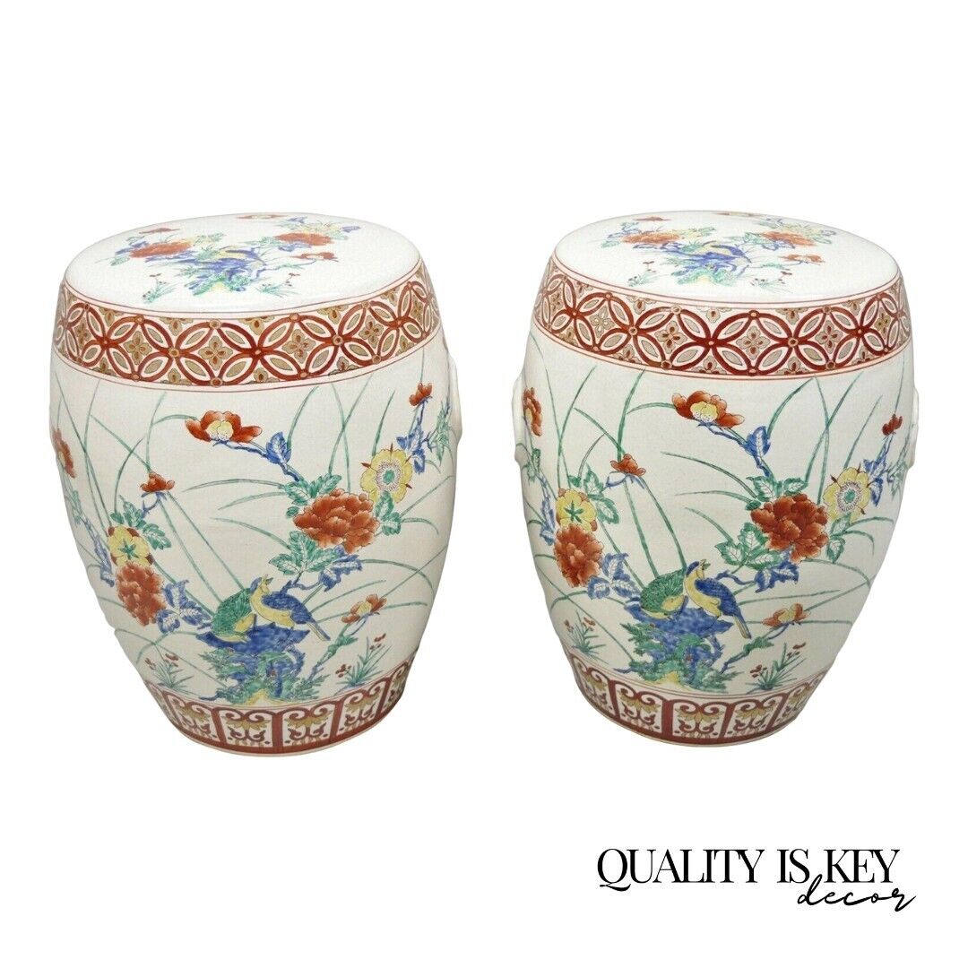 Vintage Porcelain Ceramic Chinoiseries Oriental Red Blue Garden Seat - a Pair