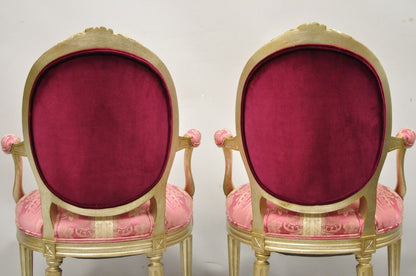 French Louis XVI Style Silver Gold Gilt Pink Damask Oval Back Arm Chairs - Pair