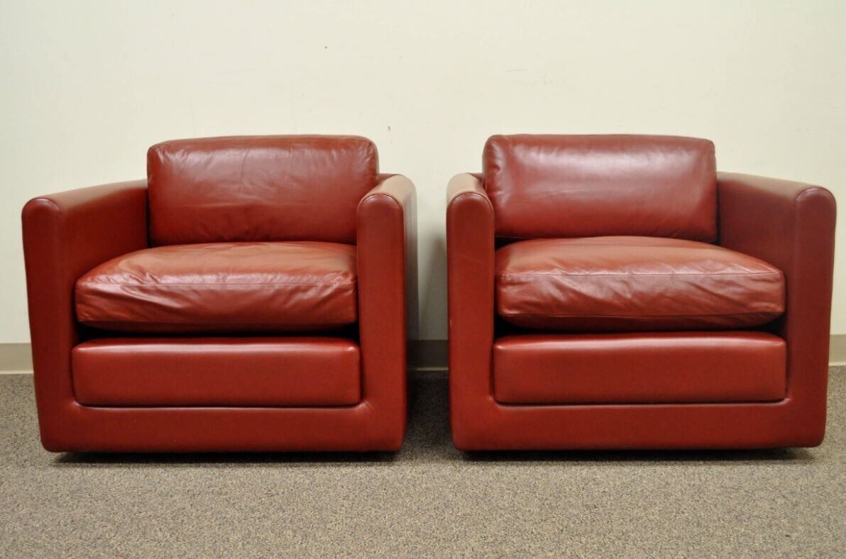 Mid Century Modern Red Leather Cube Club Lounge Chairs on Casters - a Pair