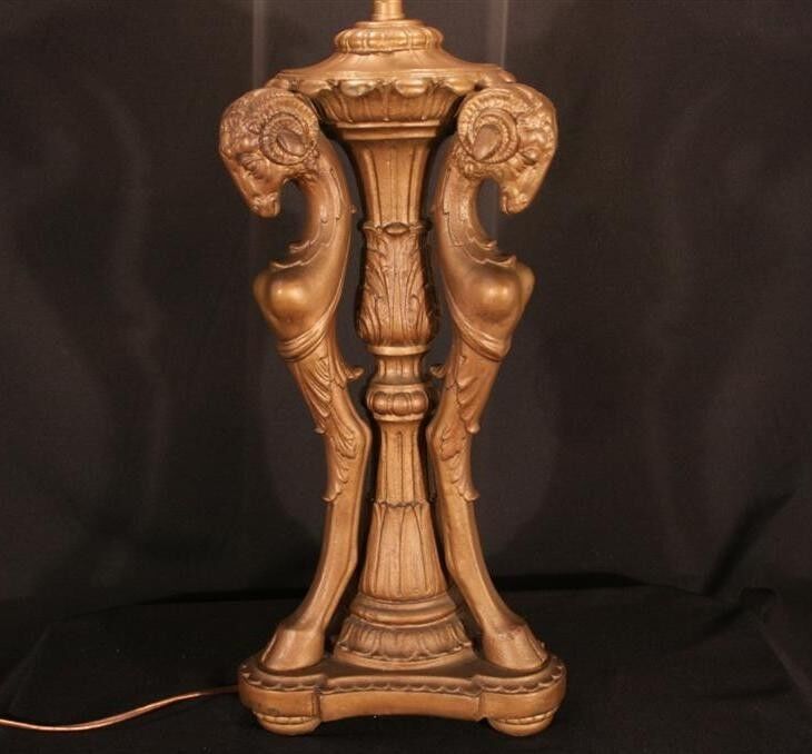 Vtg Triple Ram Goat Head Copper Clad Gold Neoclassical French Style Table Lamp