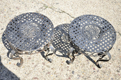 French Art Nouveau Style Wrought Iron Lattice Top Round Side Tables - a Pair