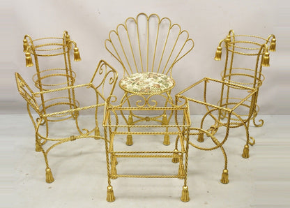 Italian Hollywood Regency Gold Gilt Iron Fan Rope Back Vanity Chair Tassel Feet