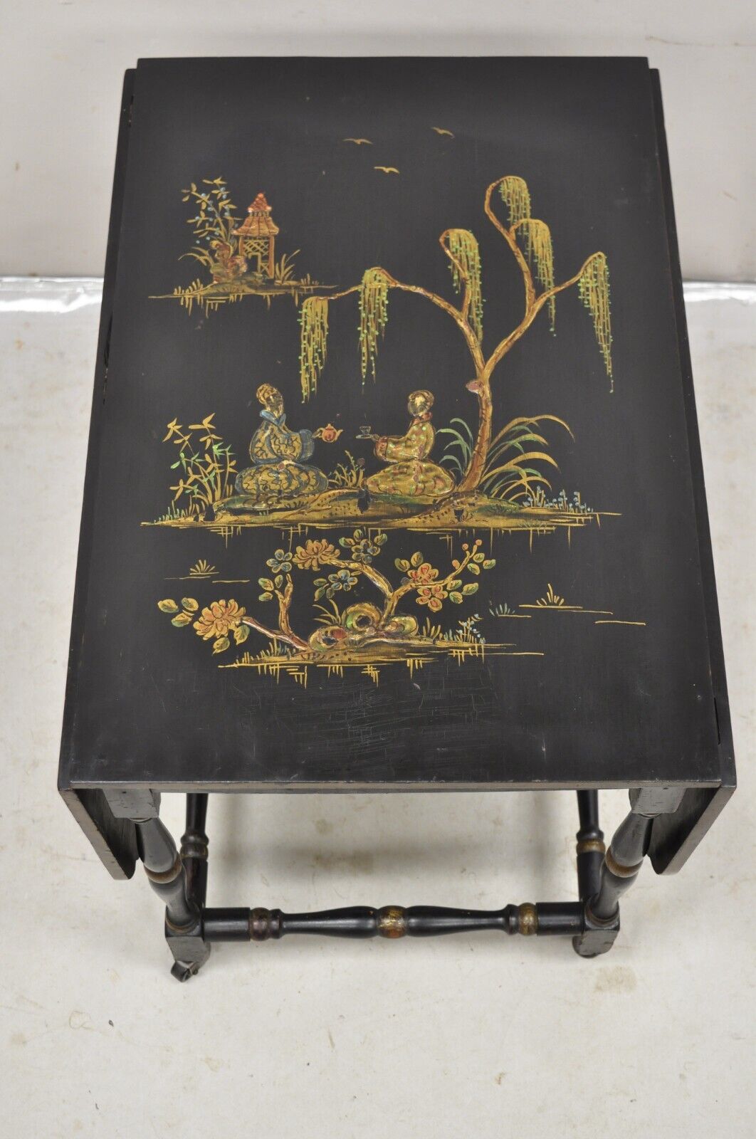 Antique Chinoiserie Asian Painted Small Black Dropleaf Side Table