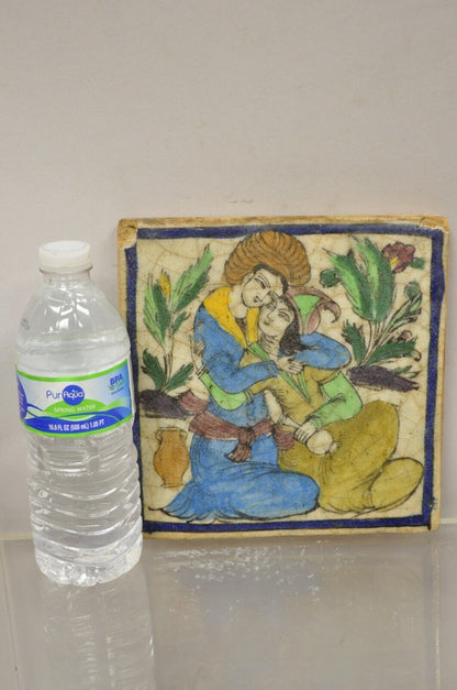 Antique Persian Iznik Qajar Style Square Ceramic Pottery Tile Blue Couple C5