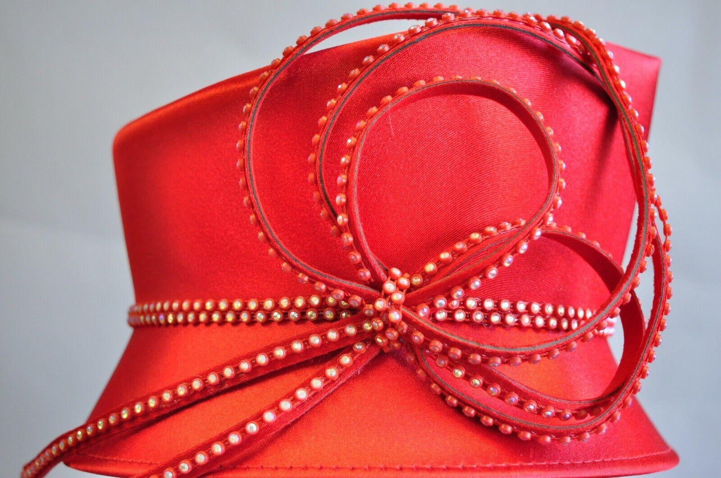 Red Satin Beaded Ribbon Church Derby Top Hat Attributed to Shellie McDowell