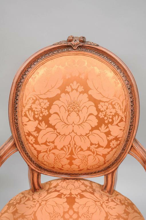 Pair of French Louis XVI Style Pink Distress Painted Oval Back Dining Arm Chairs