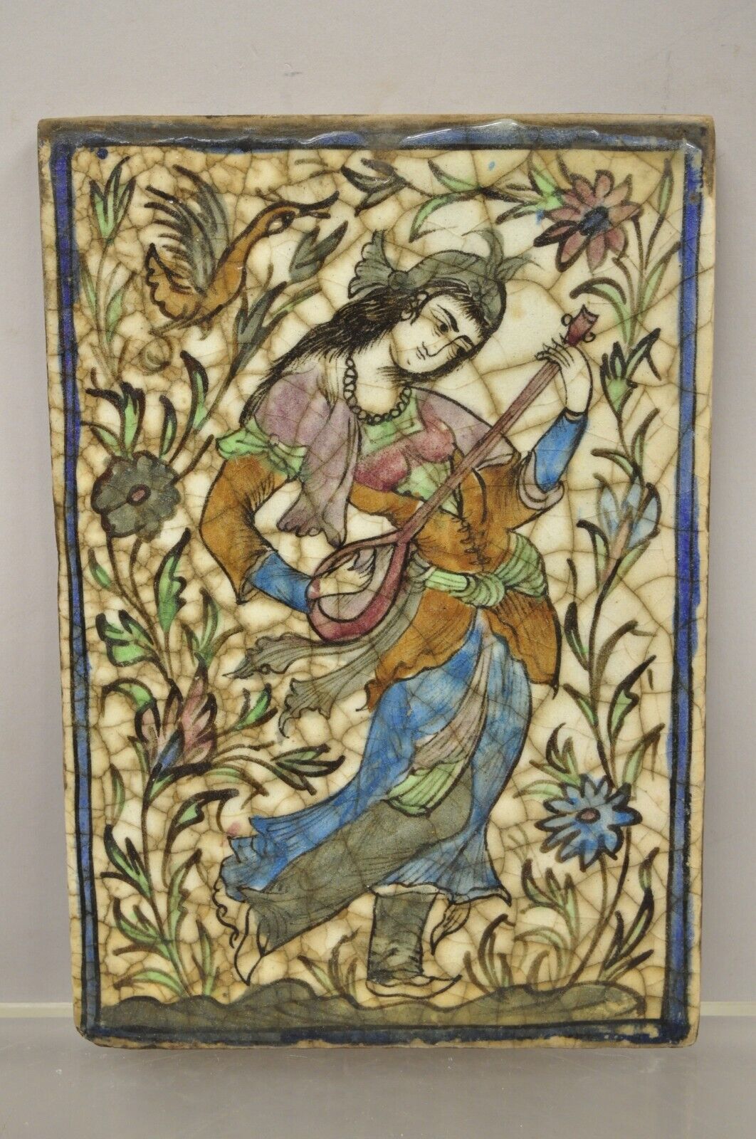 Antique Persian Iznik Qajar Style Ceramic Pottery Tile Woman Guitar Player C1