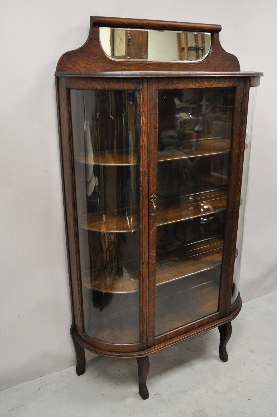 Antique American Victorian Oak Wood Curved Glass China Display Cabinet