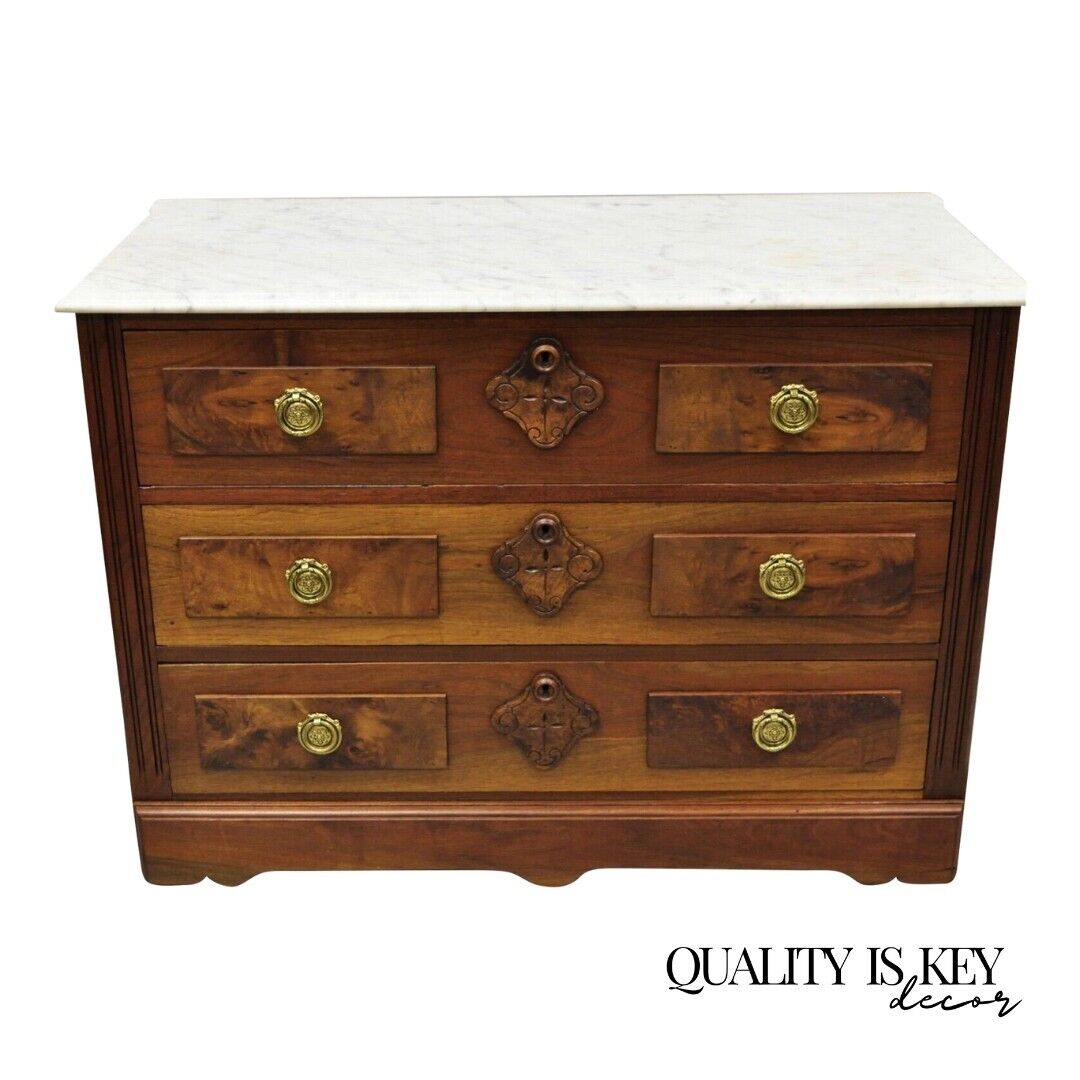 Eastlake Victorian White Marble Top Burl Walnut 3 Drawer Commode Dresser Chest