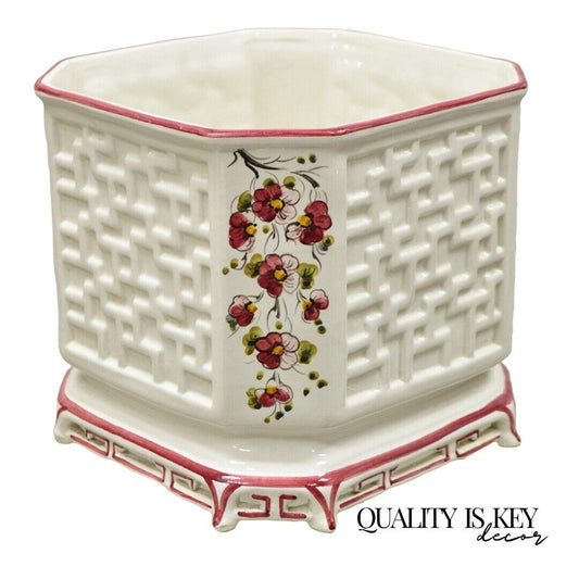 Vtg Italian Ceramic Octagonal Lattice Fretwork Pink Flower Garden Planter Pot