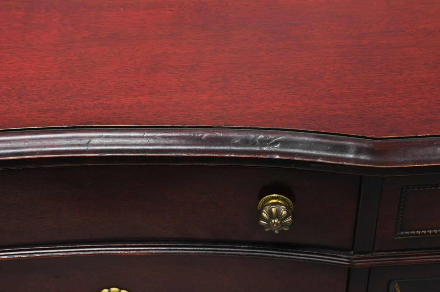 Mahogany Chinese Chippendale Long Dresser Credenza w/ Tooled Leather Door Front