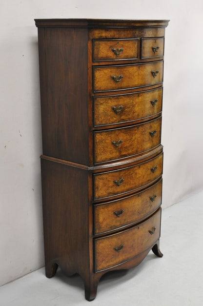 19th C English George II Burl Walnut Chest on Chest Dresser Chest of 8 Drawers