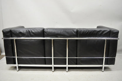 Vintage Le Corbusier LC2 Style Black Leather Mid Century 3 Seat Chrome Sofa