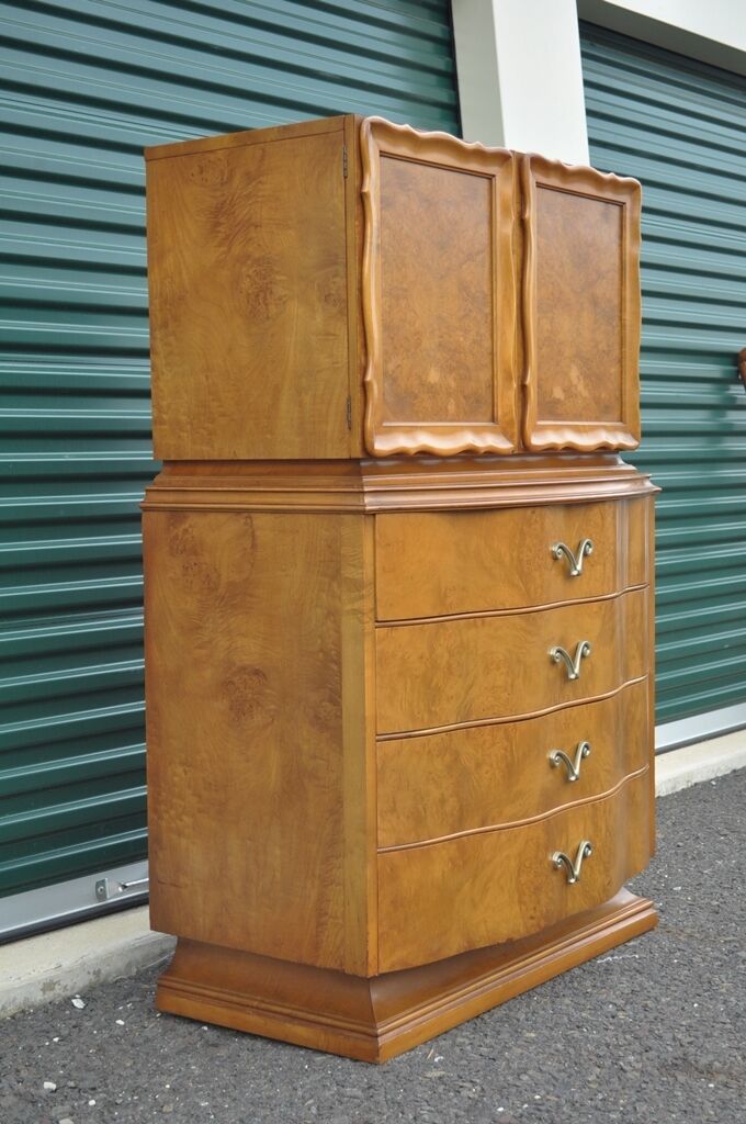 Romweber Hollywood Regency Dorothy Draper Style Burl Walnut Tall Chest Dresser