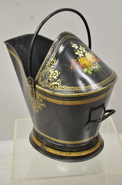 Antique Victorian Black Steel Hand Painted Flower Tole Metal Coal Scuttle Bucket