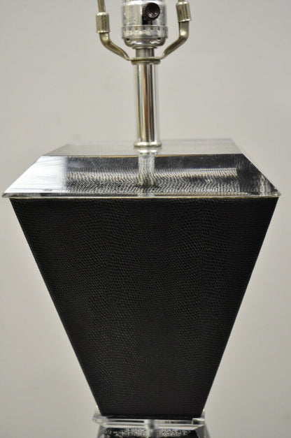 Vintage Karl Springer Style Lucite Hourglass Black Faux Sharkskin Table Lamp