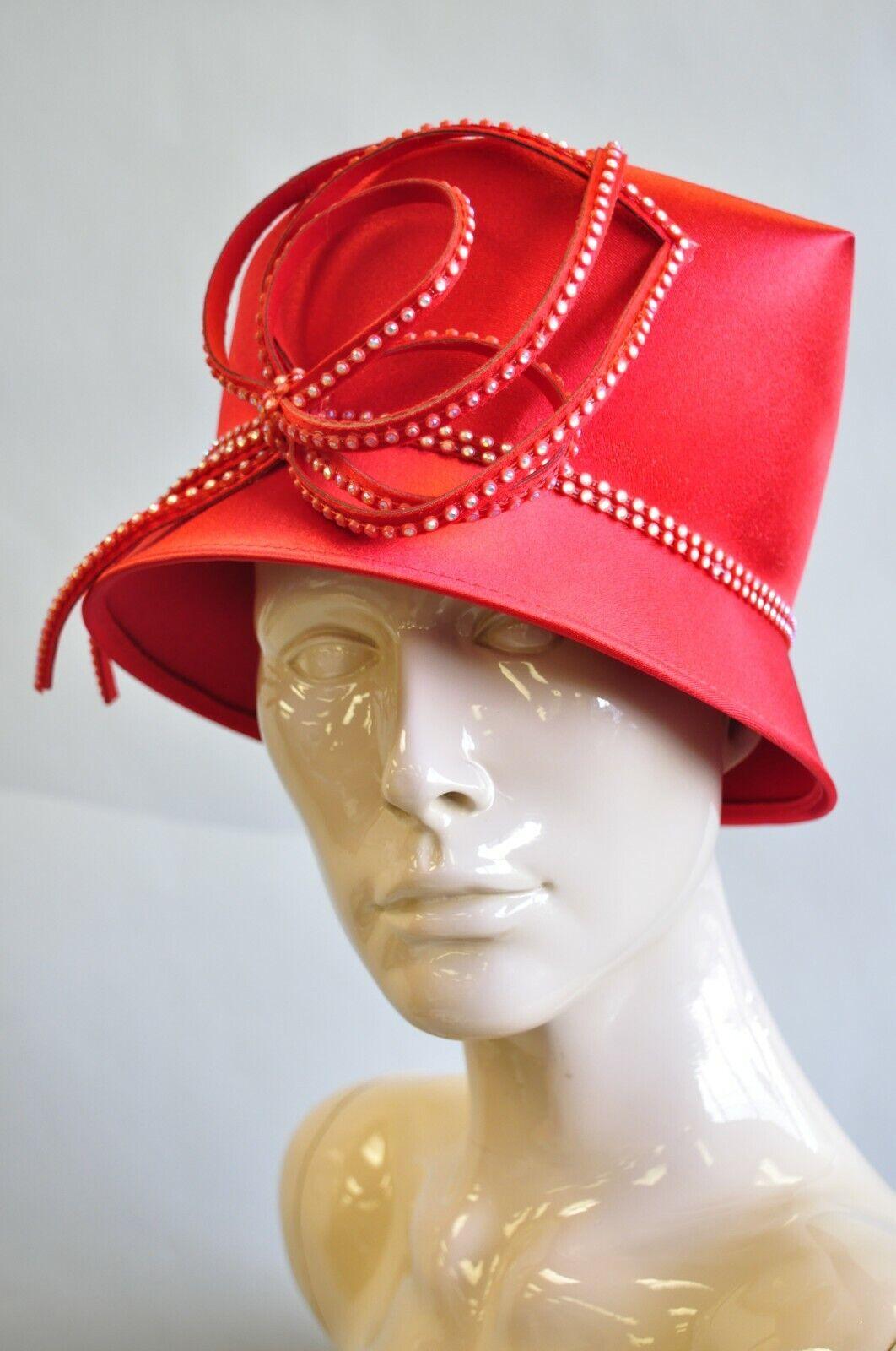 Red Satin Beaded Ribbon Church Derby Top Hat Attributed to Shellie McDowell