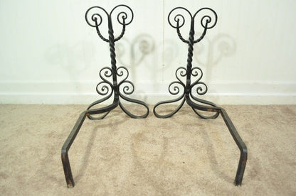 Pair of Antique Wrought Iron Arts & Crafts Art Nouveau Scrolling Andirons Black