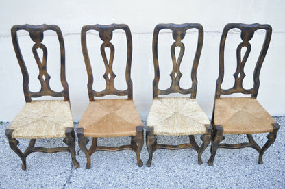 Spanish Rococo Rush Seat Distressed Carved Wood Dining Side Chairs - Set of 4