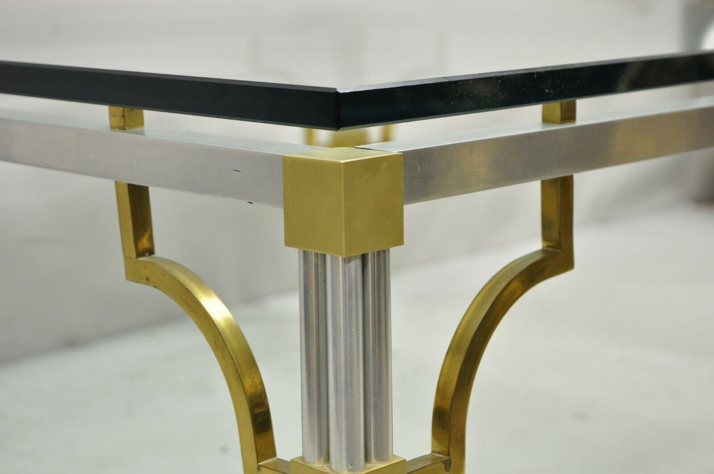 Maison Jansen Style Brushed Aluminum Brass Greek Key Fretwork Glass Coffee Table