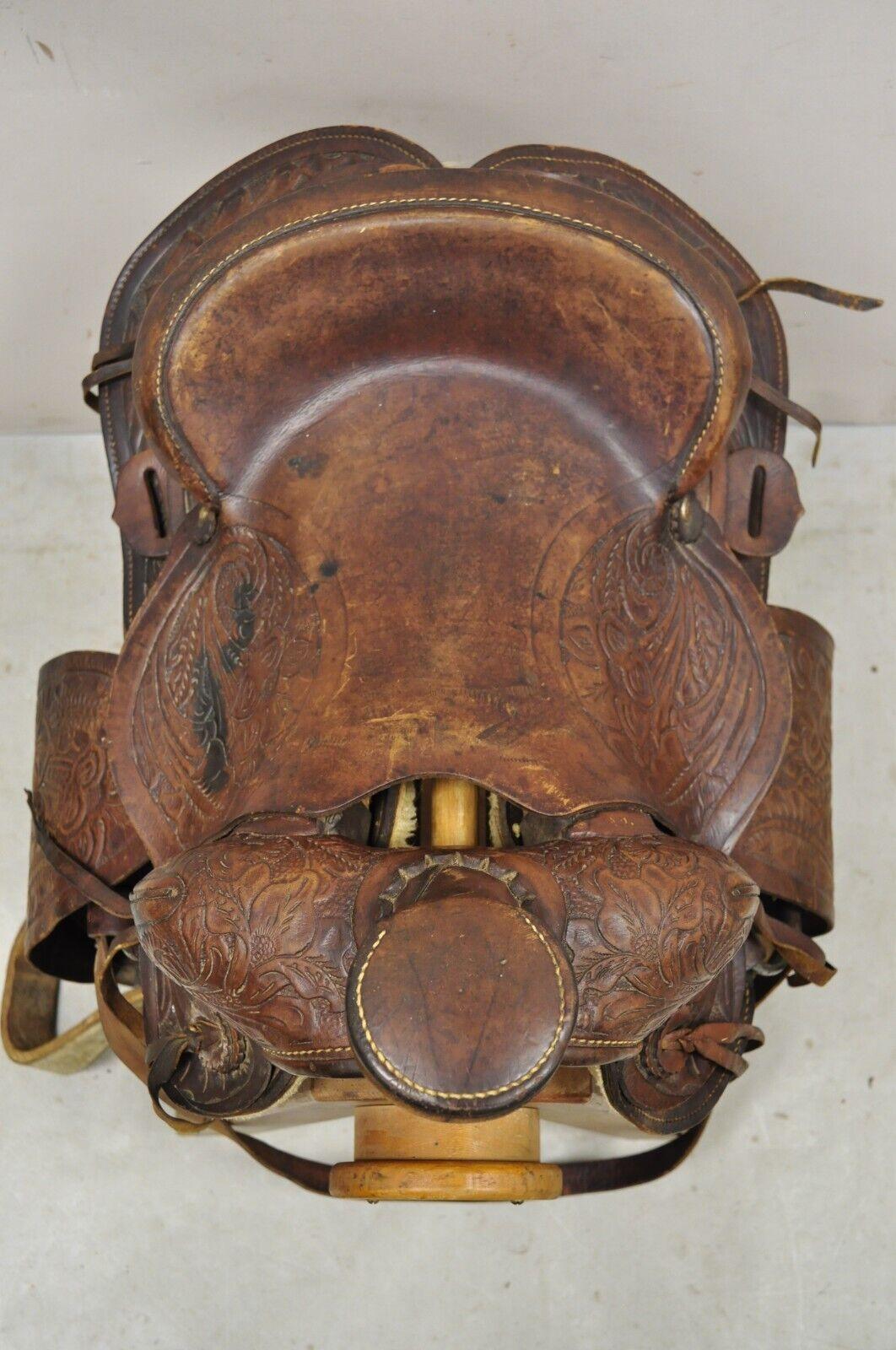 Vintage Brown Tooled Leather Embossed 14" Western Horse Saddle