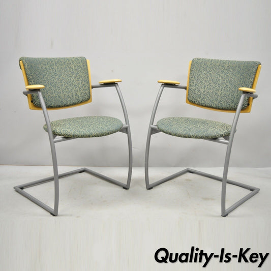 Pair of Martela Finland Wood Arm Metal Frame Modern Cantilever Office Arm Chairs