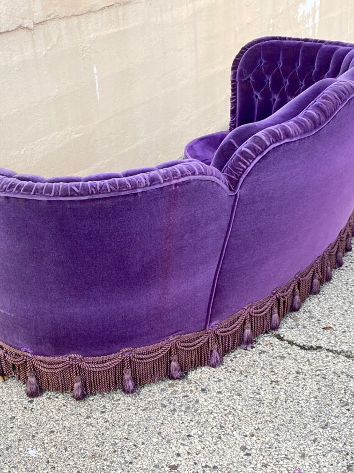Vintage Hollywood Regency Custom Purple Mohair Serpentine Tassel Skirted Sofa