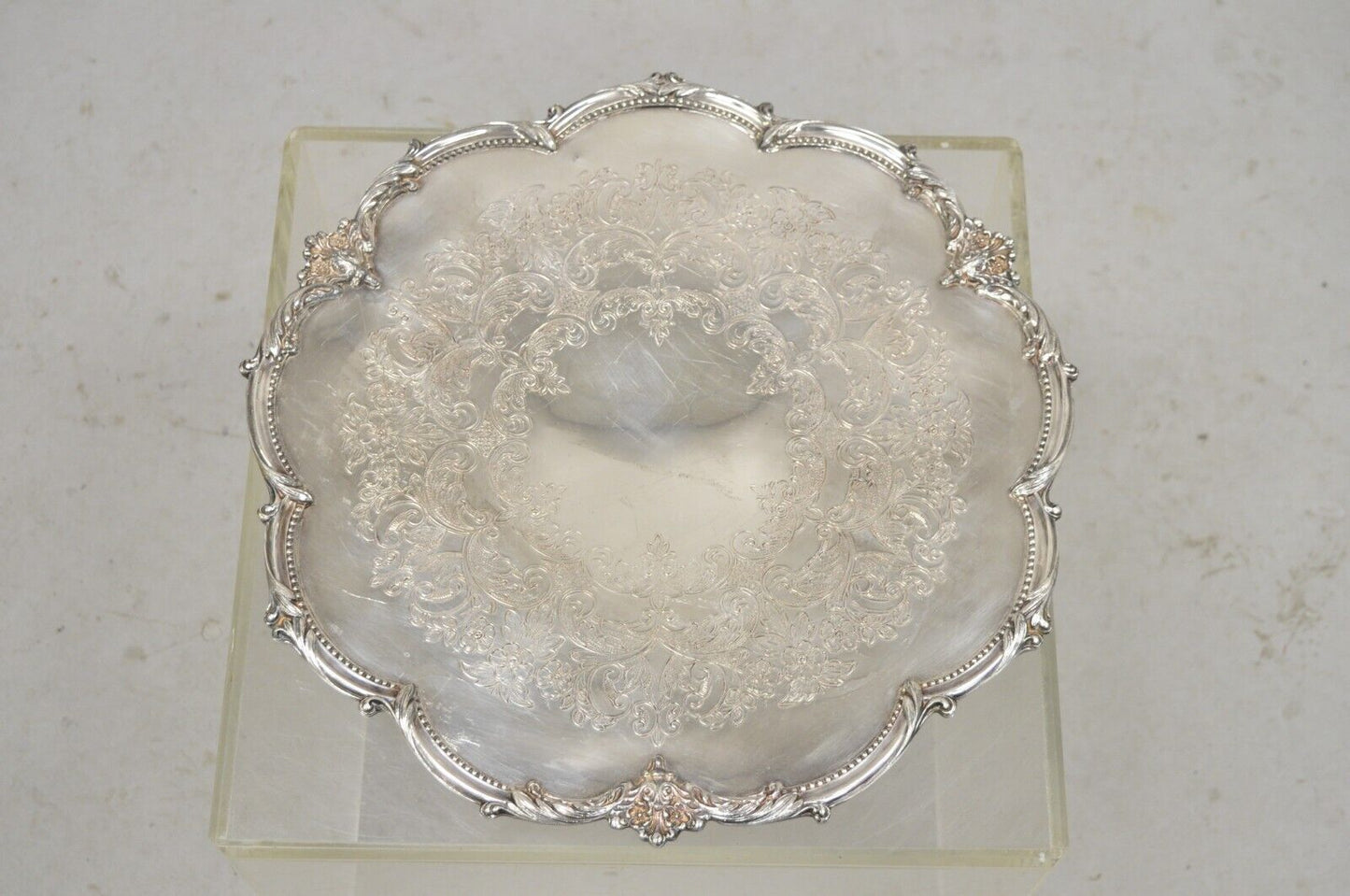 Vtg English Sheffield Victorian Silver Plated Round Footed Serving Platter Tray