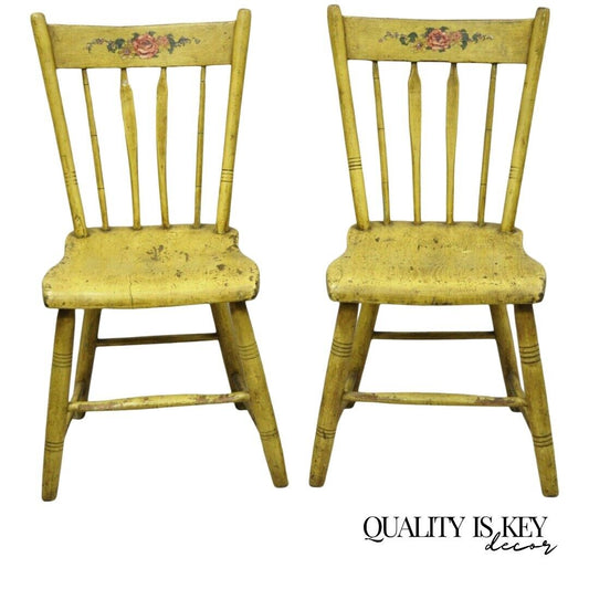 Frederick Loeser & Co Yellow Primitive Hitchcock Style Side Chairs - Pair (A)
