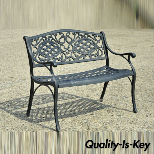 Tuscan Mediterranean Style Black Cast Aluminum Garden Patio Bench Loveseat (A)