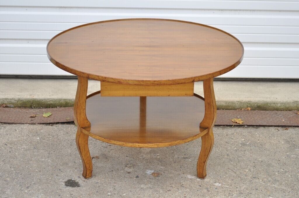 Vintage French Country Provincial Round Cherry Occasional Side Table w/ Drawer