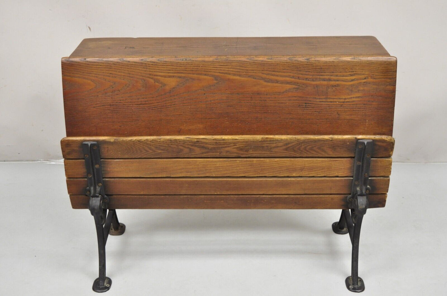 Antique Victorian Wood & Cast Iron Children's School Desk w/ Folding Bench Seat