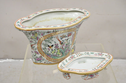 Vintage Chinese Export Porcelain Bird Painted Cachepot Flower Pot - a Pair