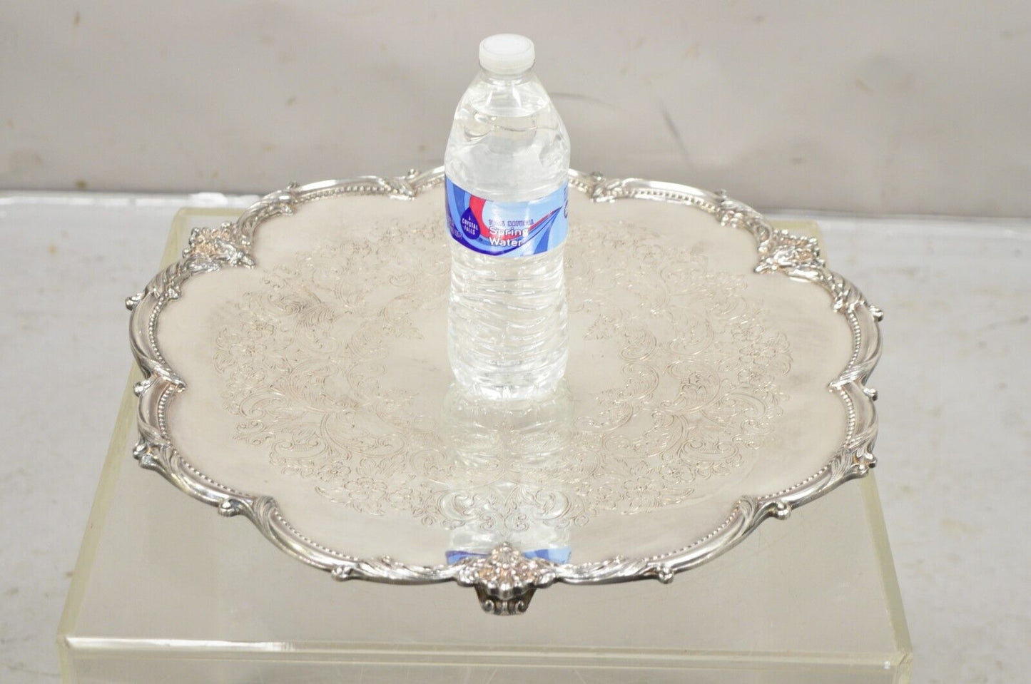 Vtg English Sheffield Victorian Silver Plated Round Footed Serving Platter Tray