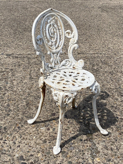 Antique French Victorian Cast Iron White Small Garden Patio Side Chair