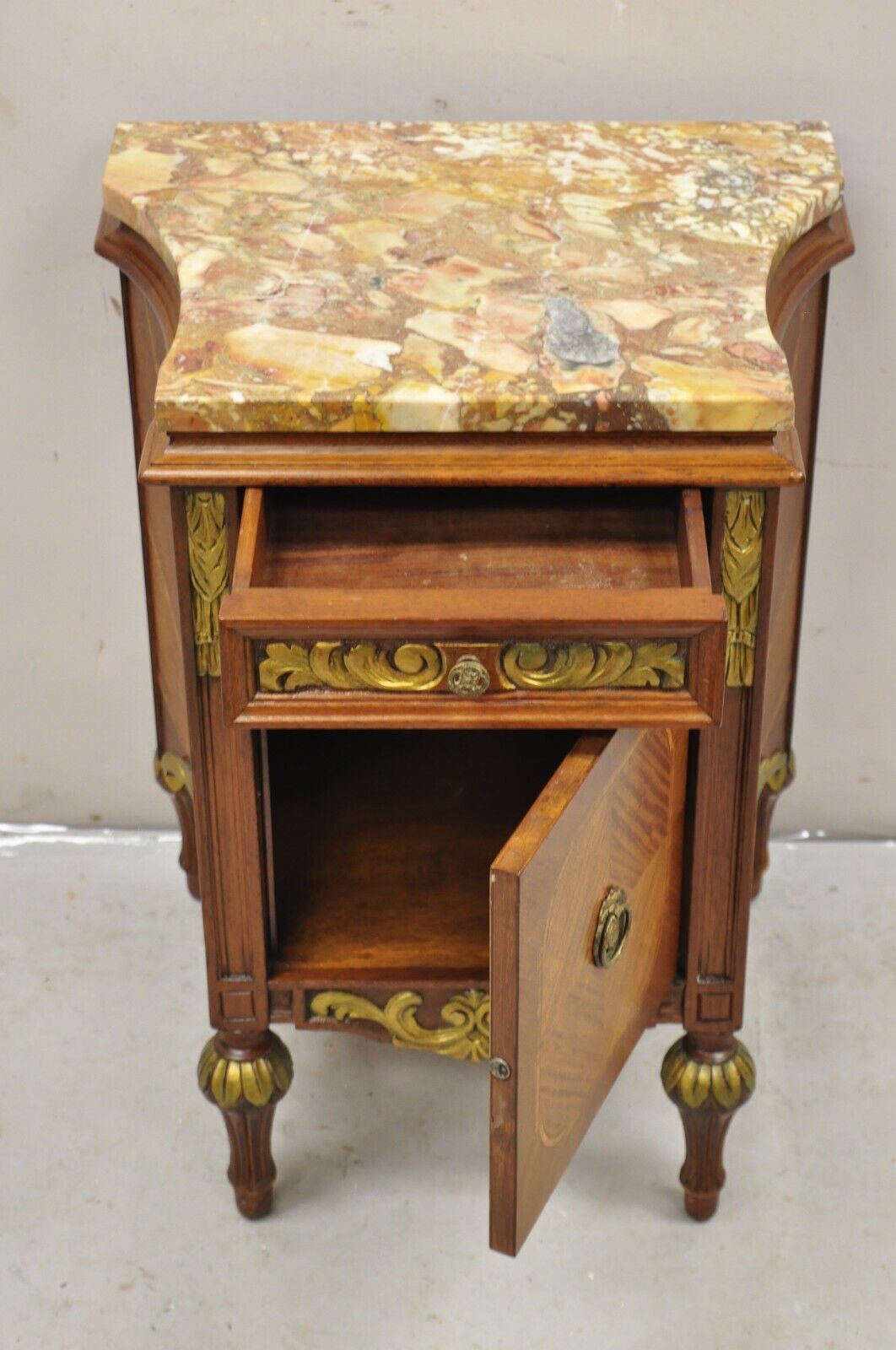 French Louis XVI Style Marble Top Satinwood Inlay Mahogany Nightstands - a Pair