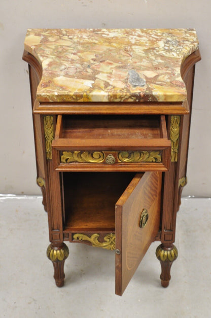 French Louis XVI Style Marble Top Satinwood Inlay Mahogany Nightstands - a Pair