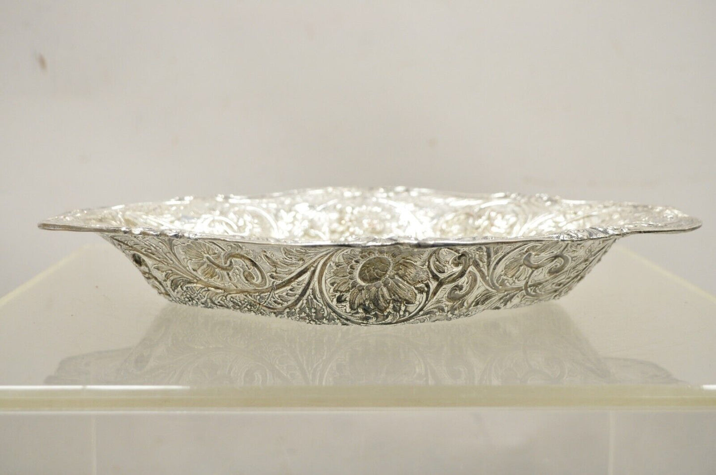 Pair M&H English Victorian Art Nouveau Silver Plate Floral Repousse Fruit Bowls