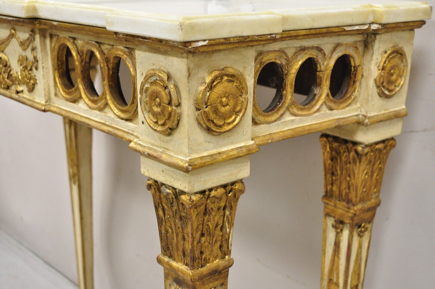 Vintage Italian Neoclassical Style Marble Top Cream and Gold Gilt Console Table