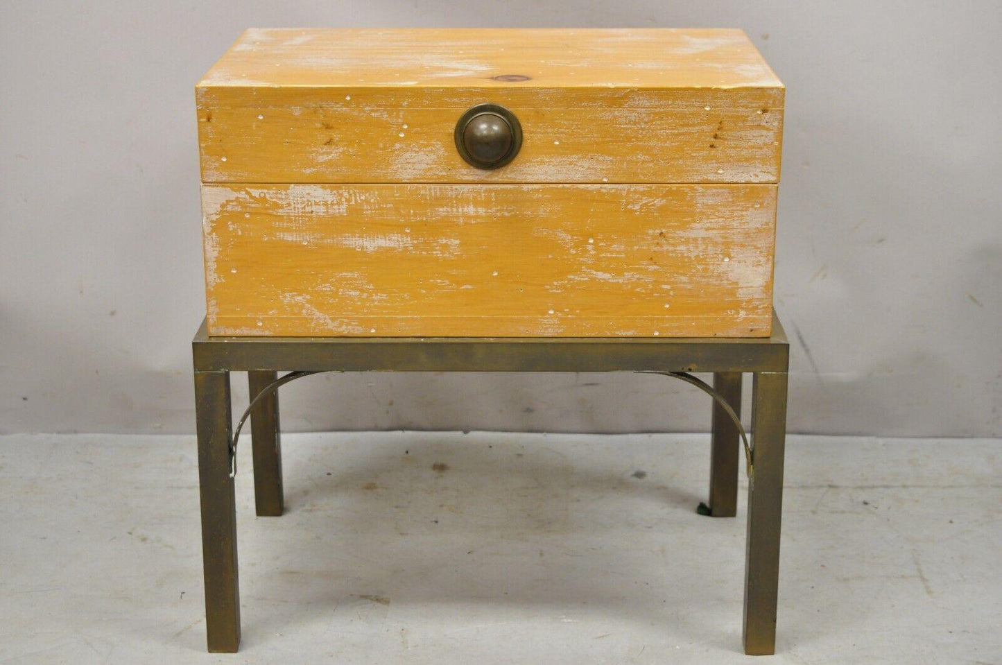 Vintage Small Campaign Style Trunk Chest on Brass Base Accent Side Table