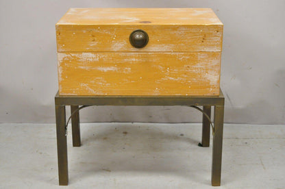 Vintage Small Campaign Style Trunk Chest on Brass Base Accent Side Table