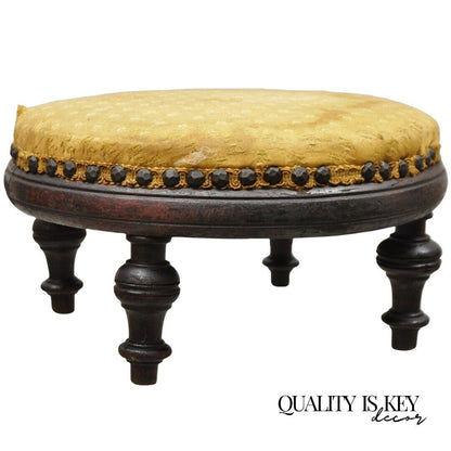 Antique Jacobean Mahogany Round Small Footstool Ottoman with Turn Carved Legs