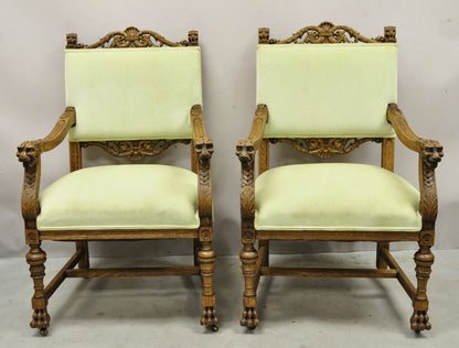 Antique Italian Renaissance Carved Oak Wood Lion Head Paw Feet Arm Chairs - Pair