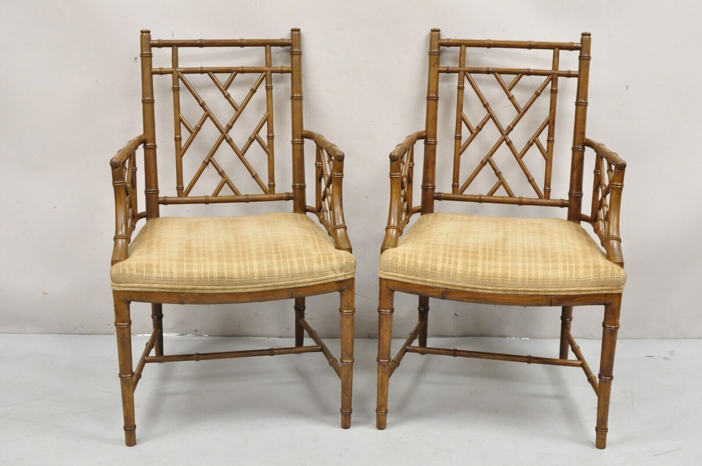 Hollywood Regency Faux Bamboo Fretwork Chinese Chippendale Arm Chairs - Pair