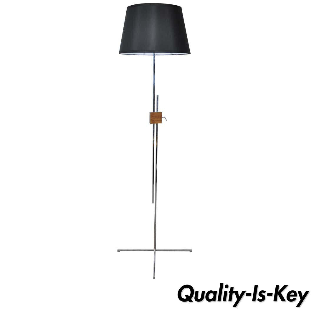 Adjustable Chrome and Walnut Floor Lamp by Hans Eichenberger Mid Century Modern